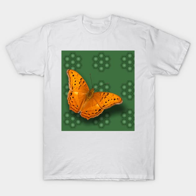Beautiful orange butterfly on green pattern background T-Shirt by hereswendy